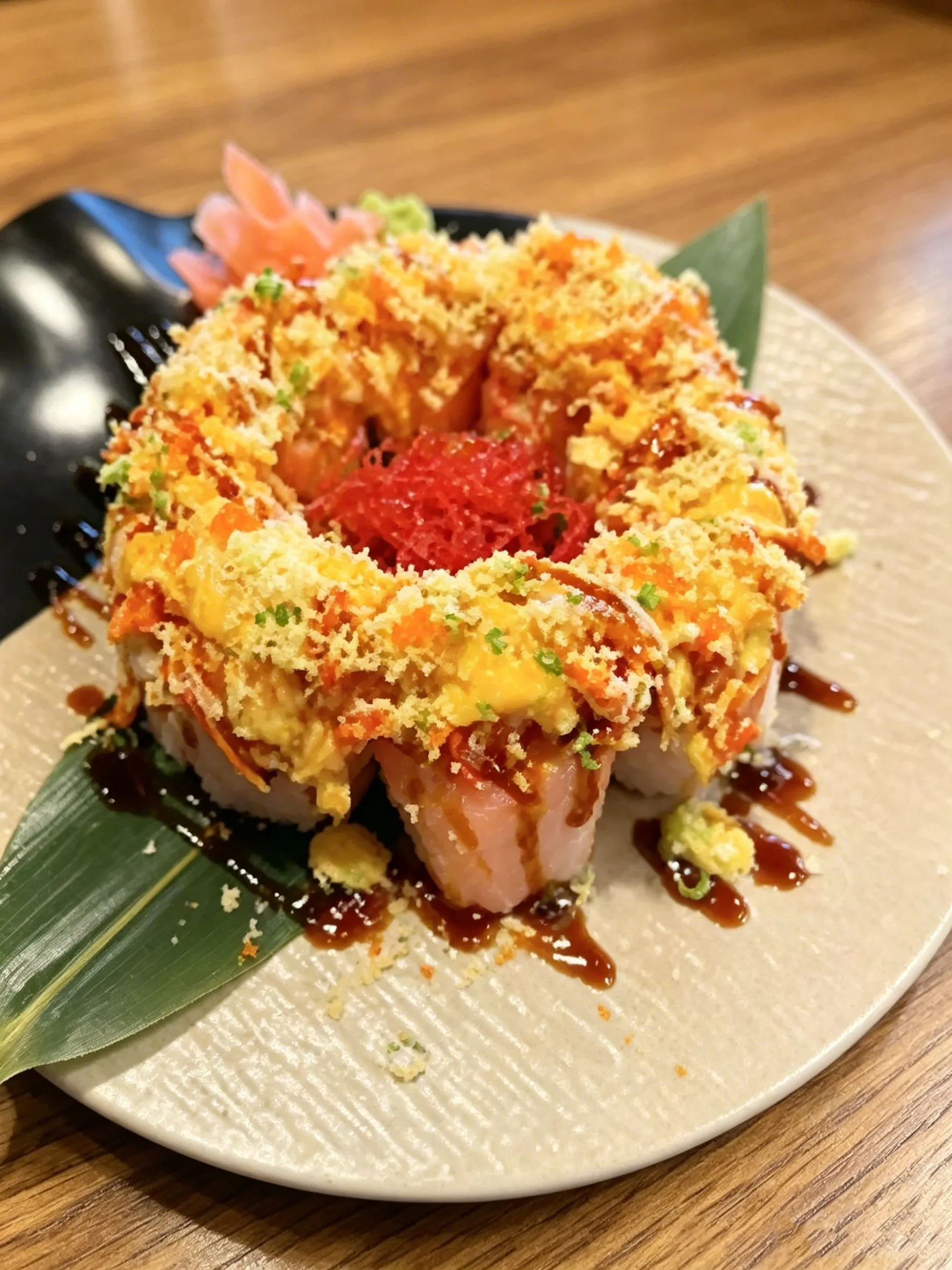 Crunchy sushi roll platter with spicy sauce at LA Sushi And Hibachi, a Japanese Restaurant in Santa Fe