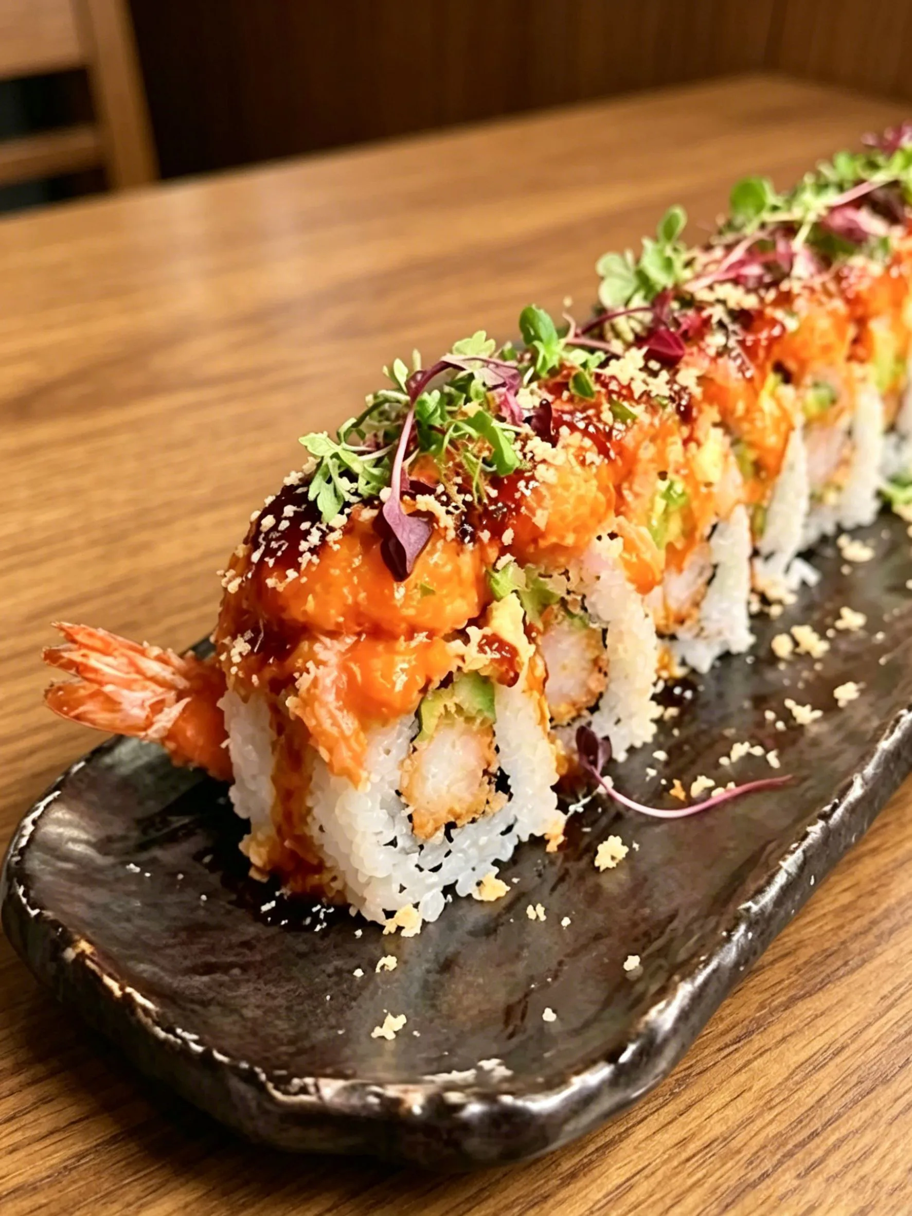 Spicy shrimp tempura sushi roll with garnish at LA Sushi And Hibachi, a Japanese Restaurant in Santa Fe