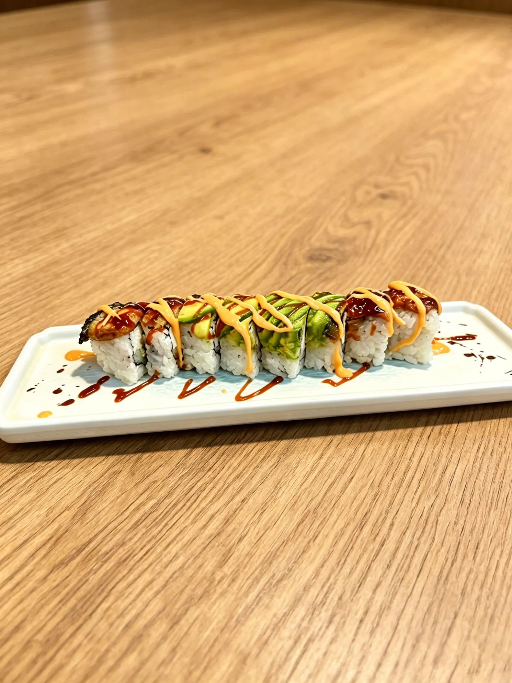 Eel and avocado sushi roll with two sauces at LA Sushi And Hibachi, a Japanese Restaurant in Santa Fe