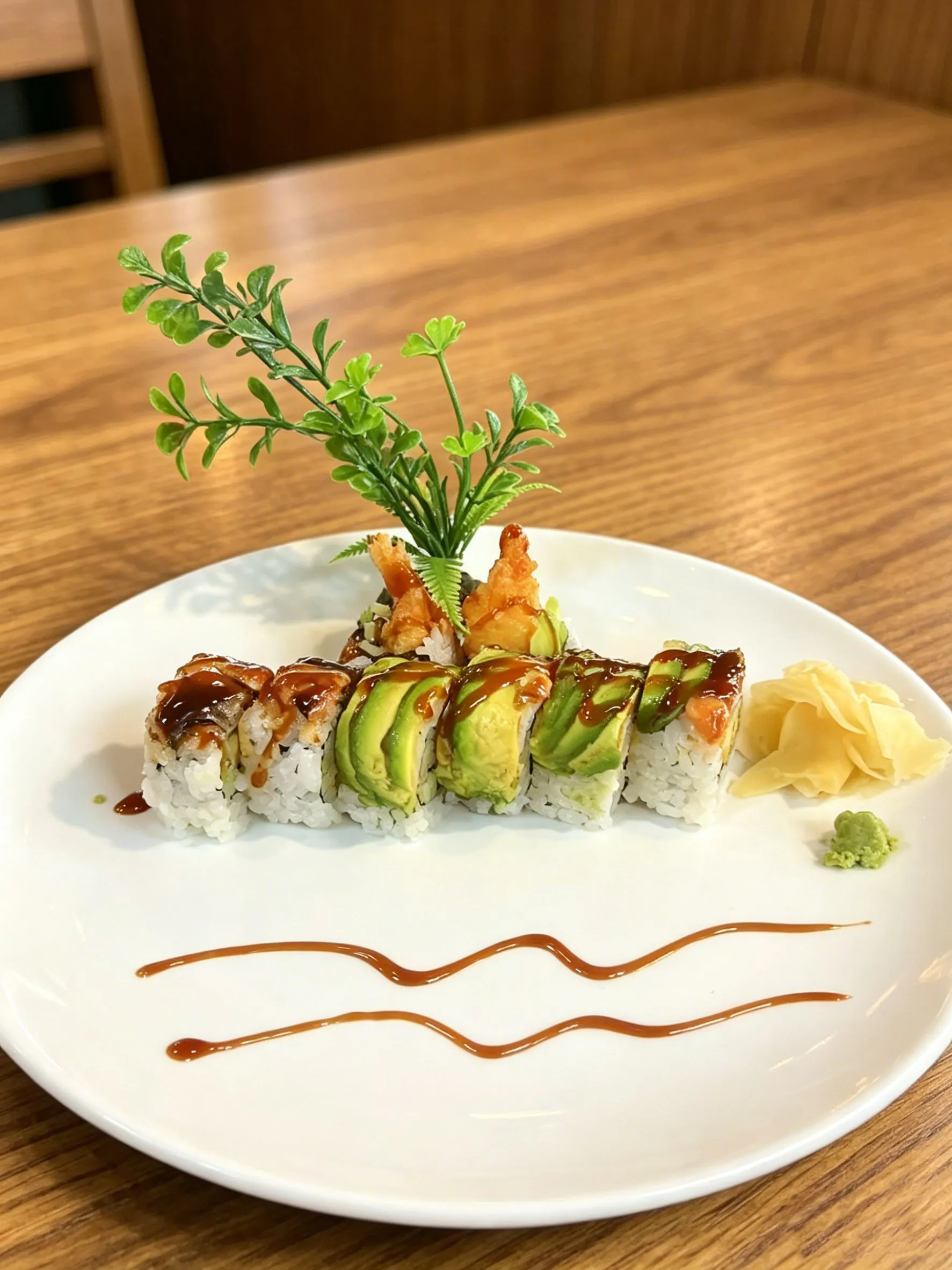 Avocado sushi roll with tempura shrimp and sauce at LA Sushi And Hibachi, a Japanese Restaurant in Santa Fe